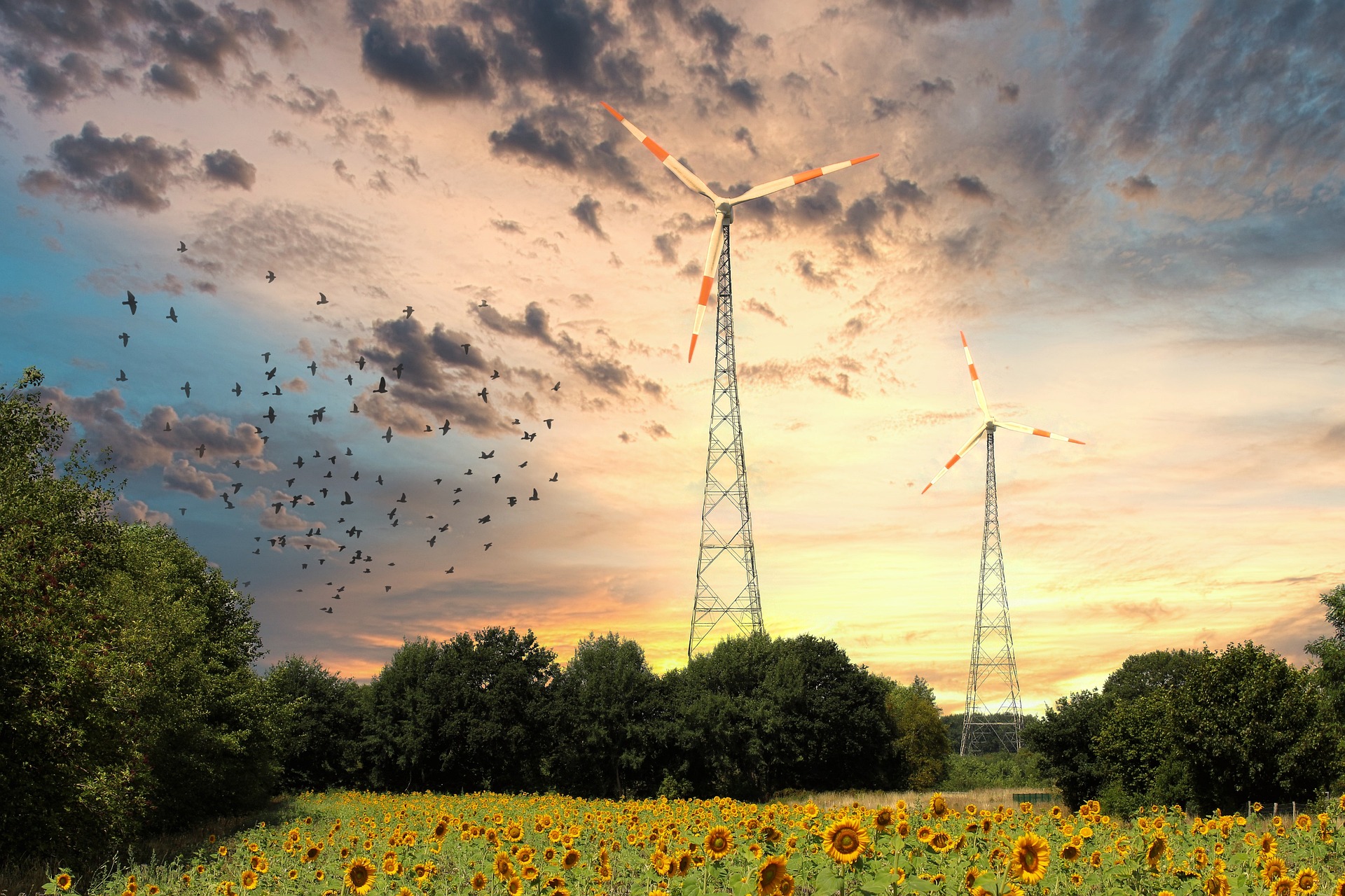 Windräder und Sonnenblumenfeld